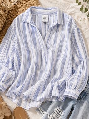 Cabi Blue White Stripe Linen Blend Coastal Popover Top Oversized M